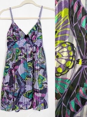 Betsey Johnson Intimates Butterfly Print Satin Chemise Slip Open Tie Back Purple